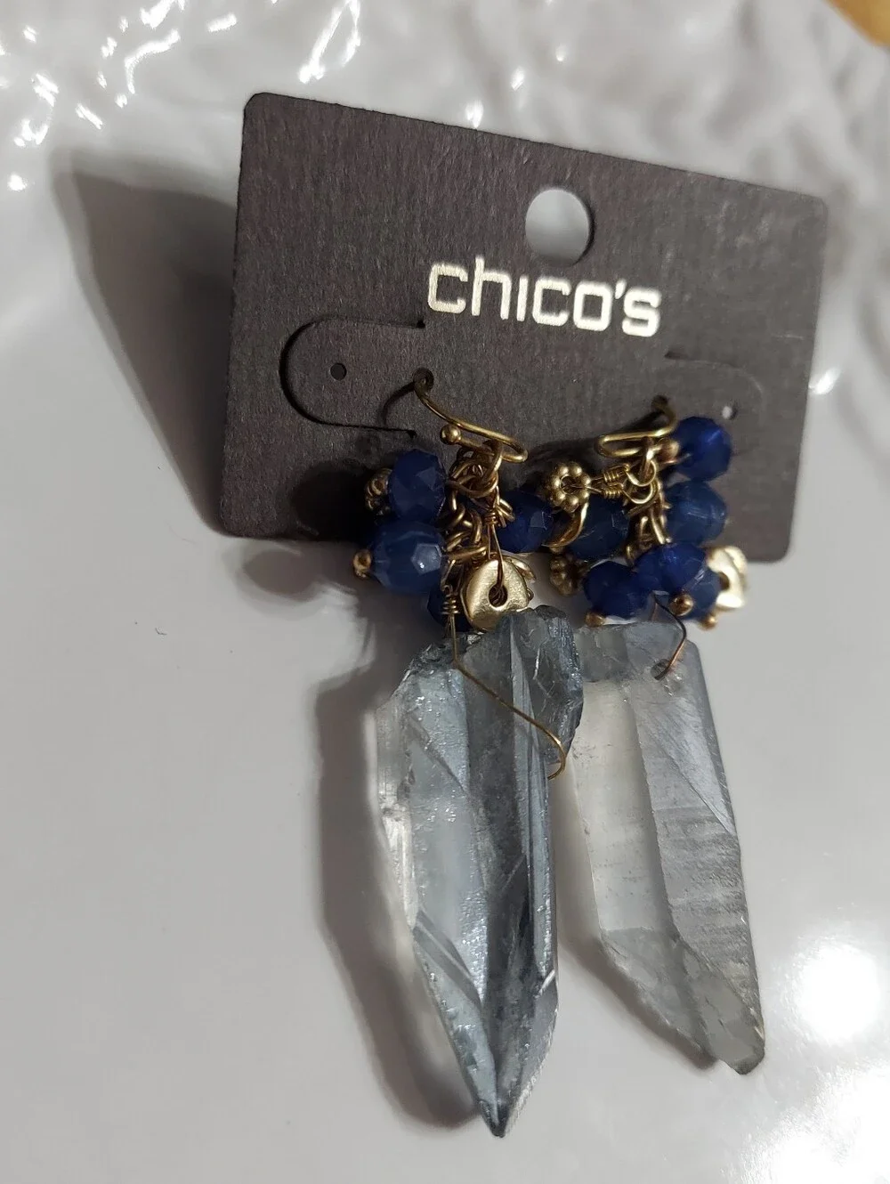 Chico's Gold Tone/'ENYA' Crystal Stone & Faceted Blue Bead Drop Earrings.